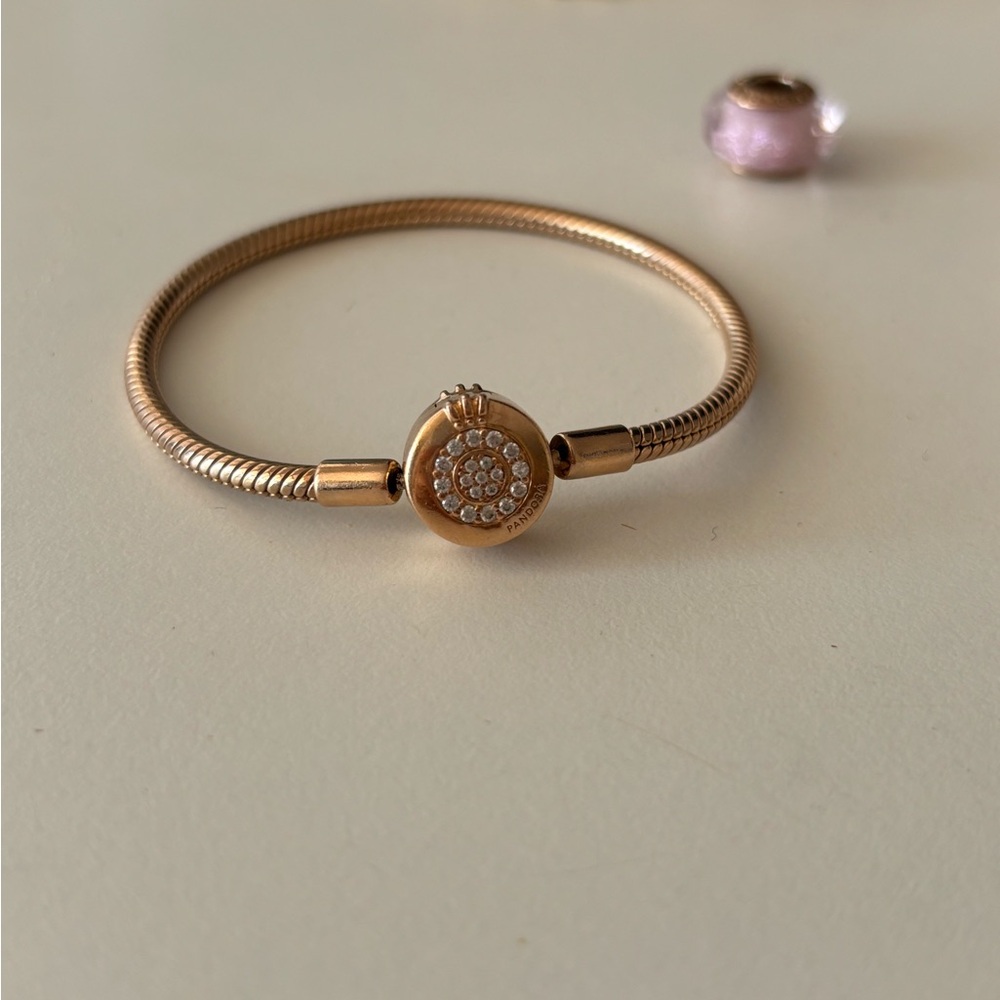 Pandora Moments Rose Gold “O” Bracelet with Crystal Clasp Detail.
